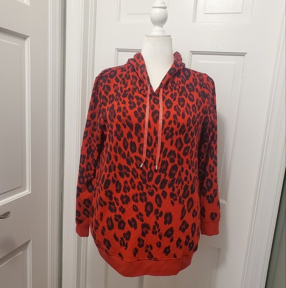 Chico's Zenergy Red & Black Animal Print Hoodie Sweatshirt Size 2=12/14, Casual - Picture 1 of 12